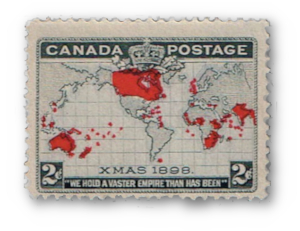 Canadian 2¢ stamp from 1898 showing the extent of the British Empire - bearing the legend "We hold a vaster empire than has been".
